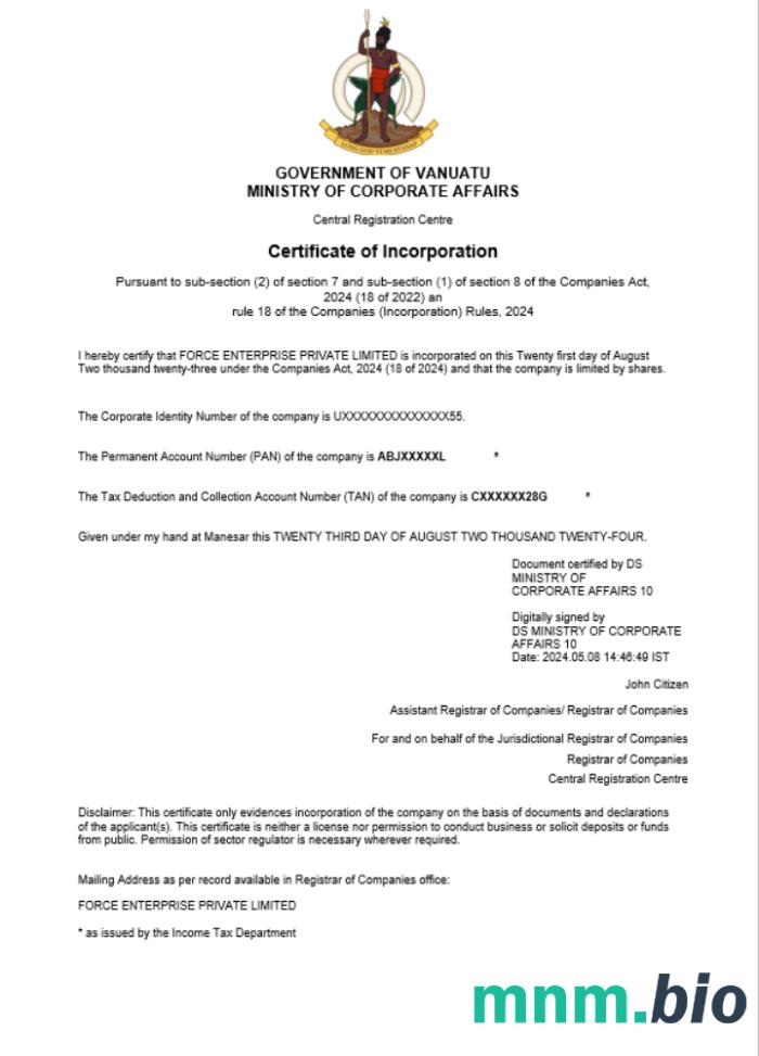Vanuatu szablon Word i PDF certyfikatu rejestracji działalności gospodarczej